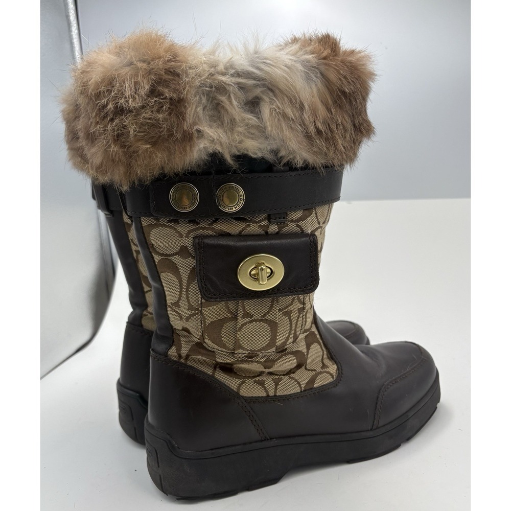 Coach Women's Kimberly Signature C Leather Fabric Fur Trim Winter Boots Brown 7M - Picture 3 of 9